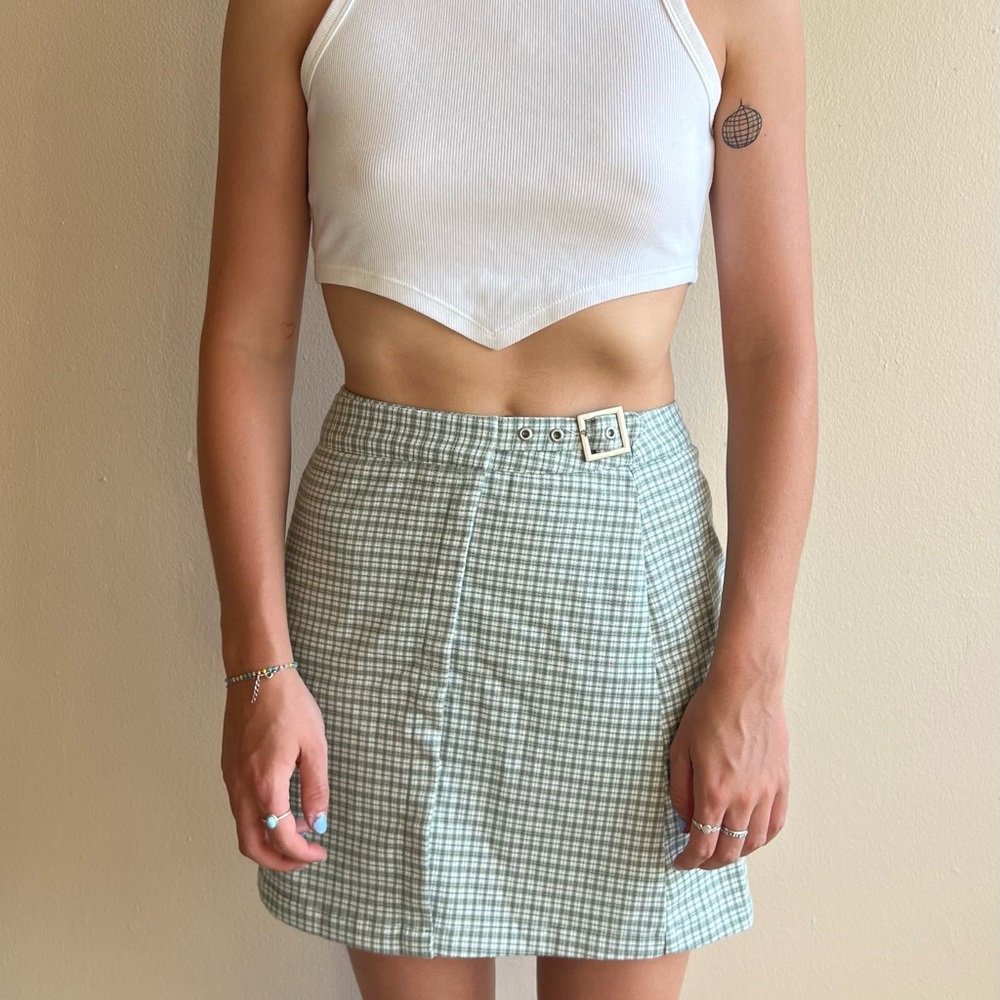 Brandy Melville Green & White Plaid Wrap Mini Skirt